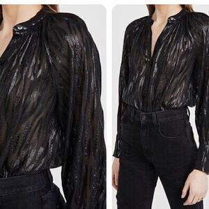 Rebecca Taylor Women’s long sleeve silk metallic black blouses size 4, NWT